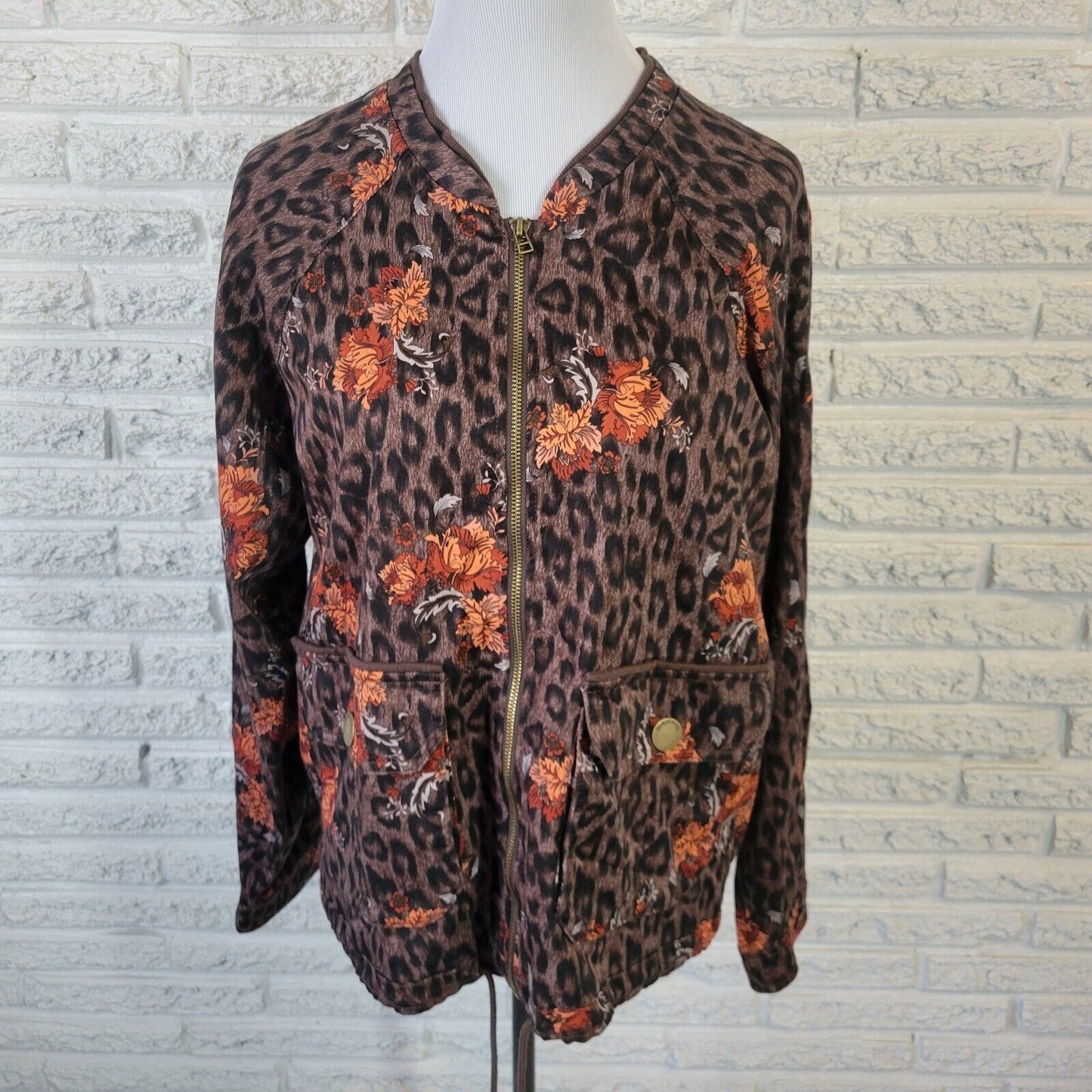 Democracy Womens Jacket XL Orange Brown Animal Print Full Zip Pockets Drawstring