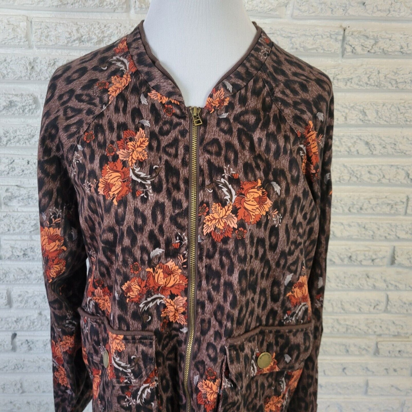 Democracy Womens Jacket XL Orange Brown Animal Print Full Zip Pockets Drawstring