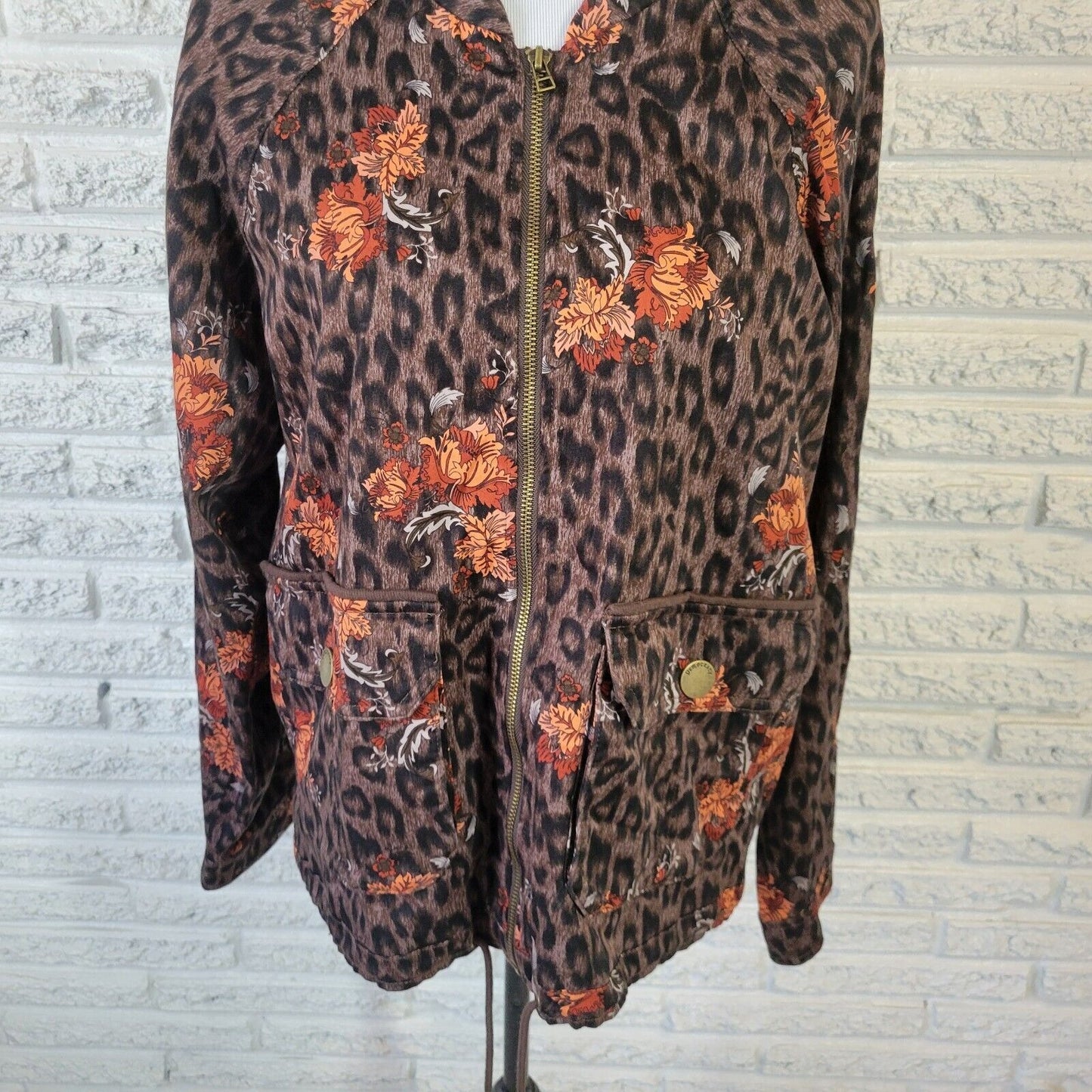 Democracy Womens Jacket XL Orange Brown Animal Print Full Zip Pockets Drawstring