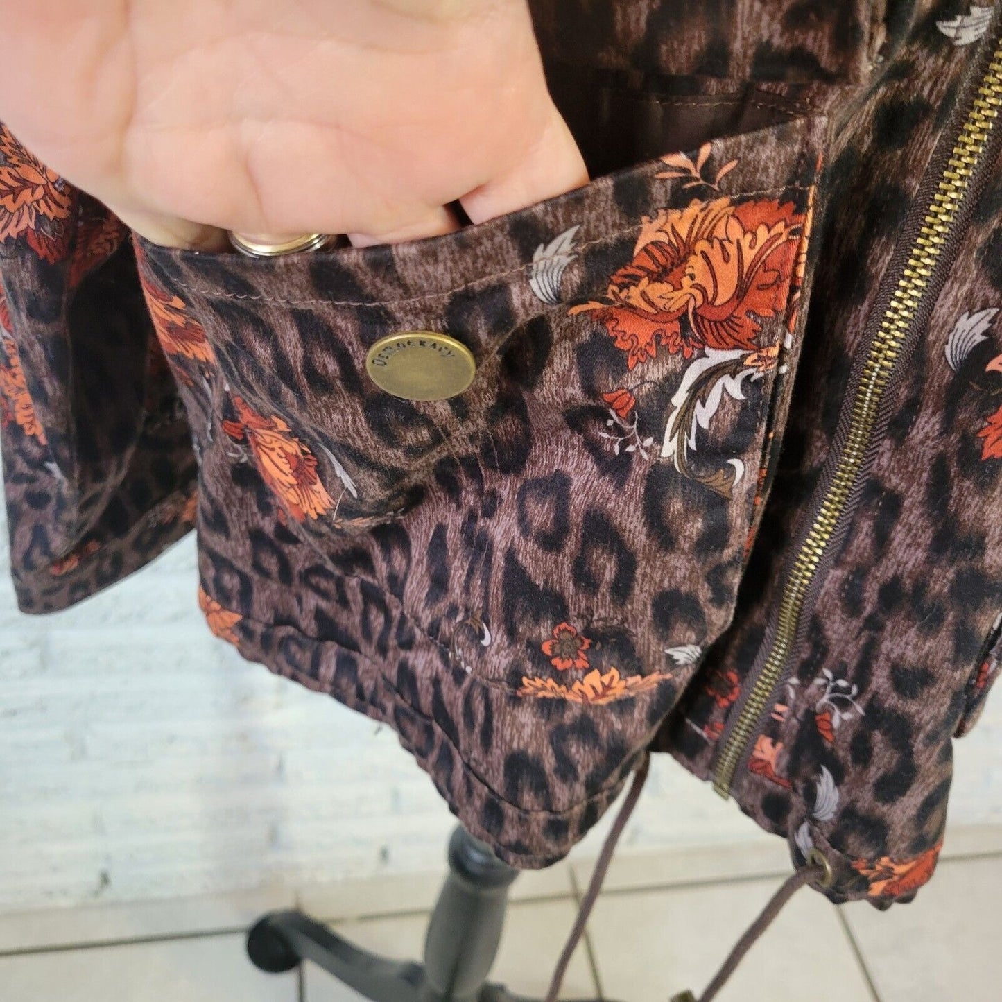 Democracy Womens Jacket XL Orange Brown Animal Print Full Zip Pockets Drawstring