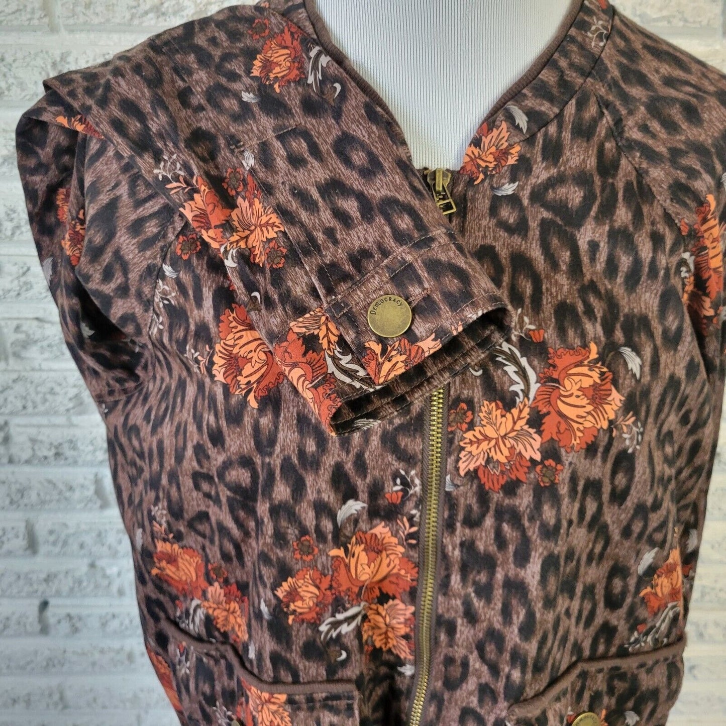 Democracy Womens Jacket XL Orange Brown Animal Print Full Zip Pockets Drawstring