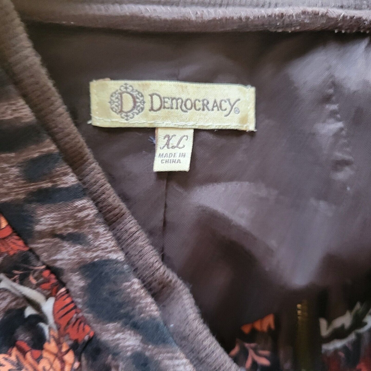 Democracy Womens Jacket XL Orange Brown Animal Print Full Zip Pockets Drawstring