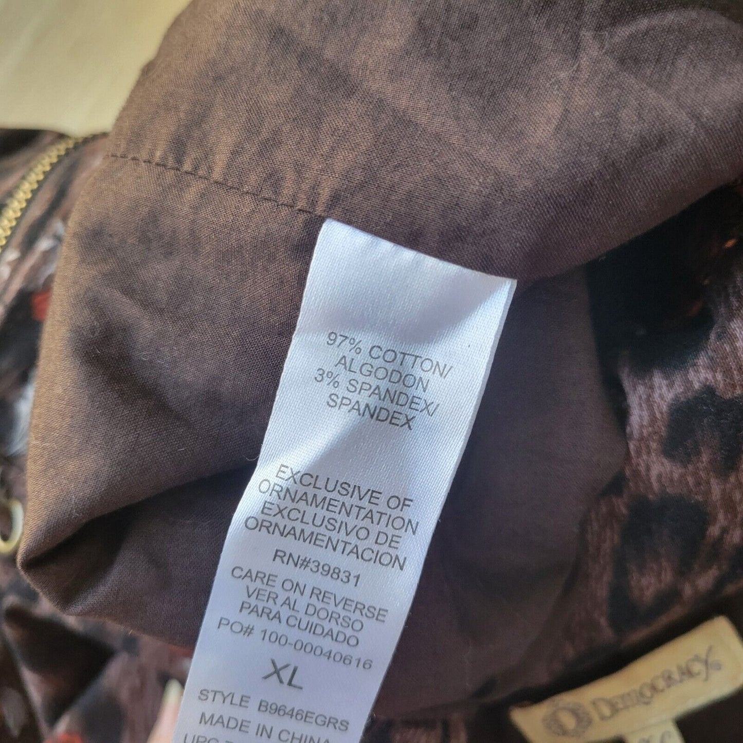 Democracy Womens Jacket XL Orange Brown Animal Print Full Zip Pockets Drawstring