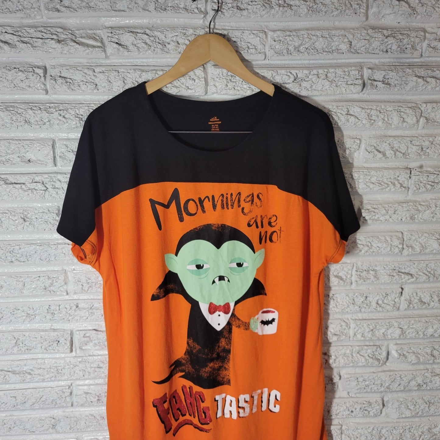 Halloween Womens Pajama Top XL 16 18 Gown Vampire Fangtastic Orange Poly Blend