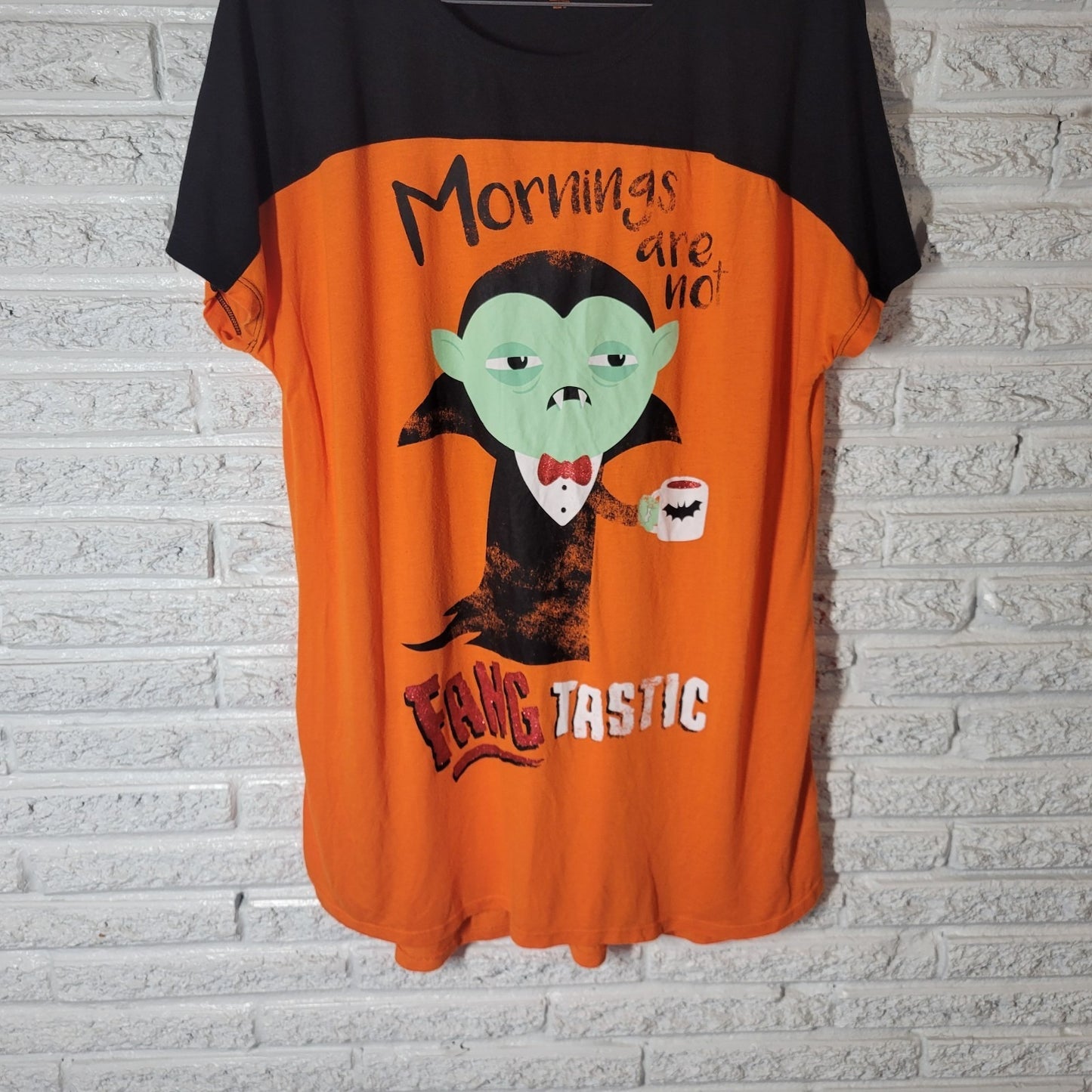 Halloween Womens Pajama Top XL 16 18 Gown Vampire Fangtastic Orange Poly Blend