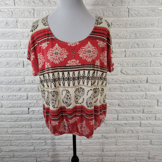 Sonoma Womens Top 1X Plus Tee Cap Sleeve Red Geometric Cotton Blend Comfy Casual
