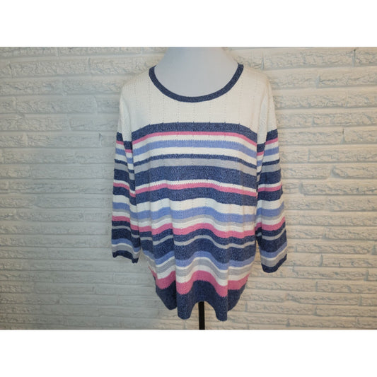 Alfred Dunner Womens Sweater 2X Plus Pullover 3/4 Sleeve Acrylic Blue Stripe