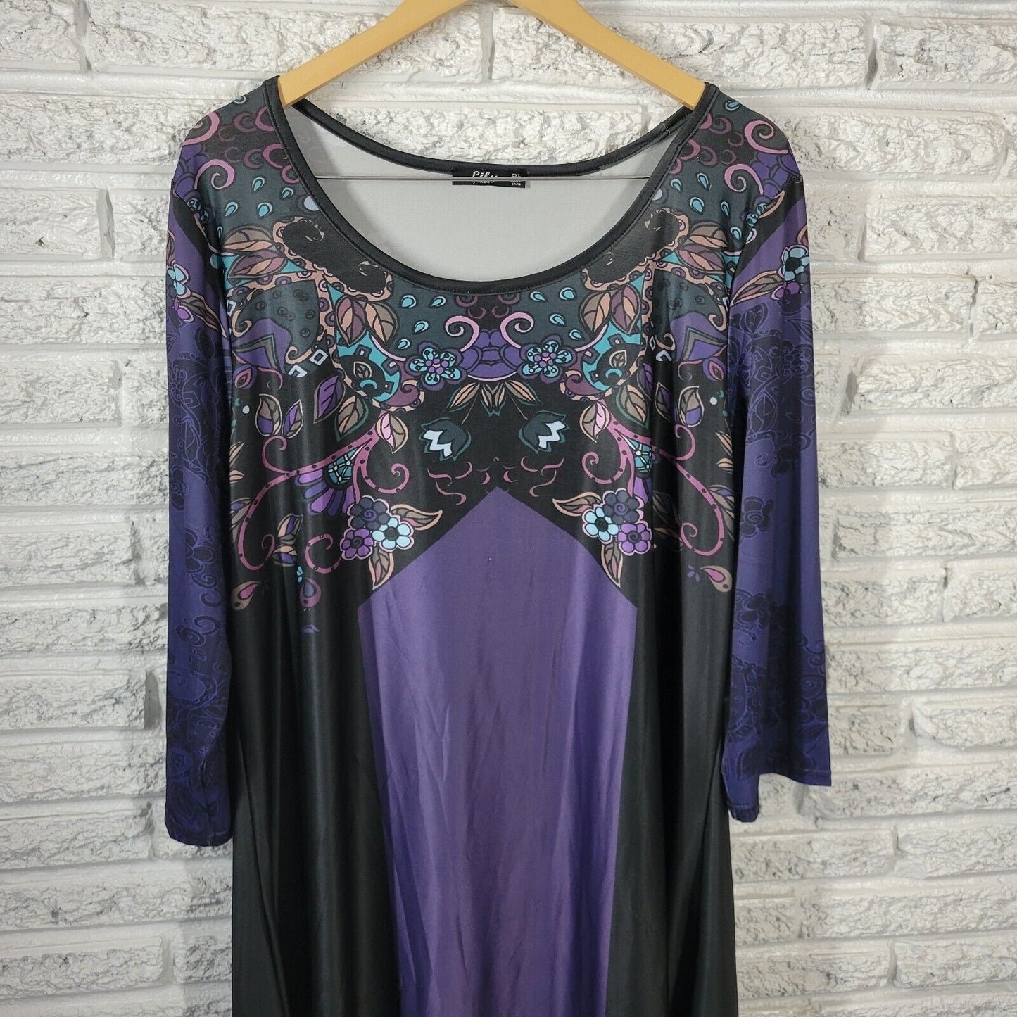 Lily Firmiana Womens Dress 2XL Mini 3/4 Sleeve Purple Floral Poly Blend Slick