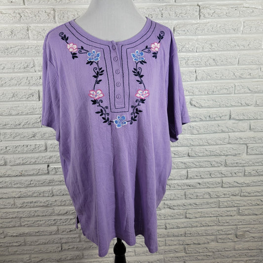 Woman Within Women Top 2X Plus Knit Short Sleeve Purple Embroidered Eyelet Comfy