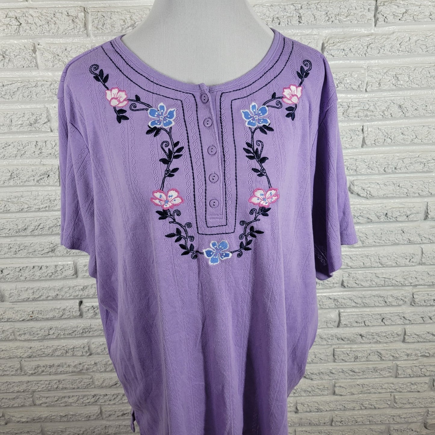 Woman Within Women Top 2X Plus Knit Short Sleeve Purple Embroidered Eyelet Comfy