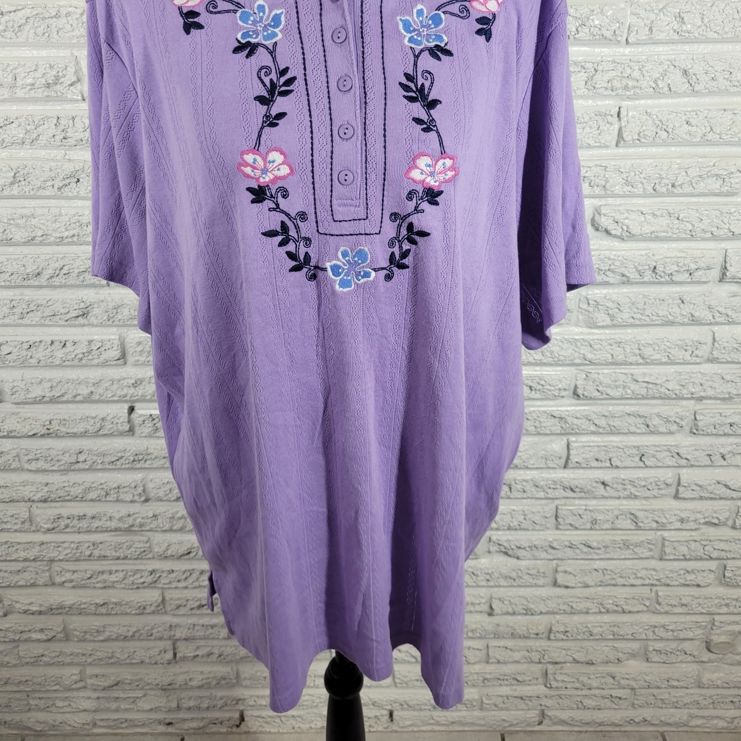 Woman Within Women Top 2X Plus Knit Short Sleeve Purple Embroidered Eyelet Comfy