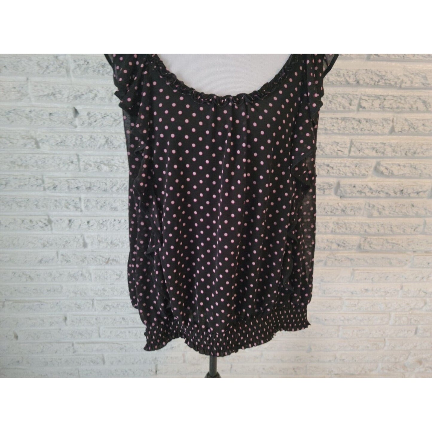 Elle Womens Top 2X Plus Sleeveless Peplum Black Polka Dot Sleeveless Ruffle Neck