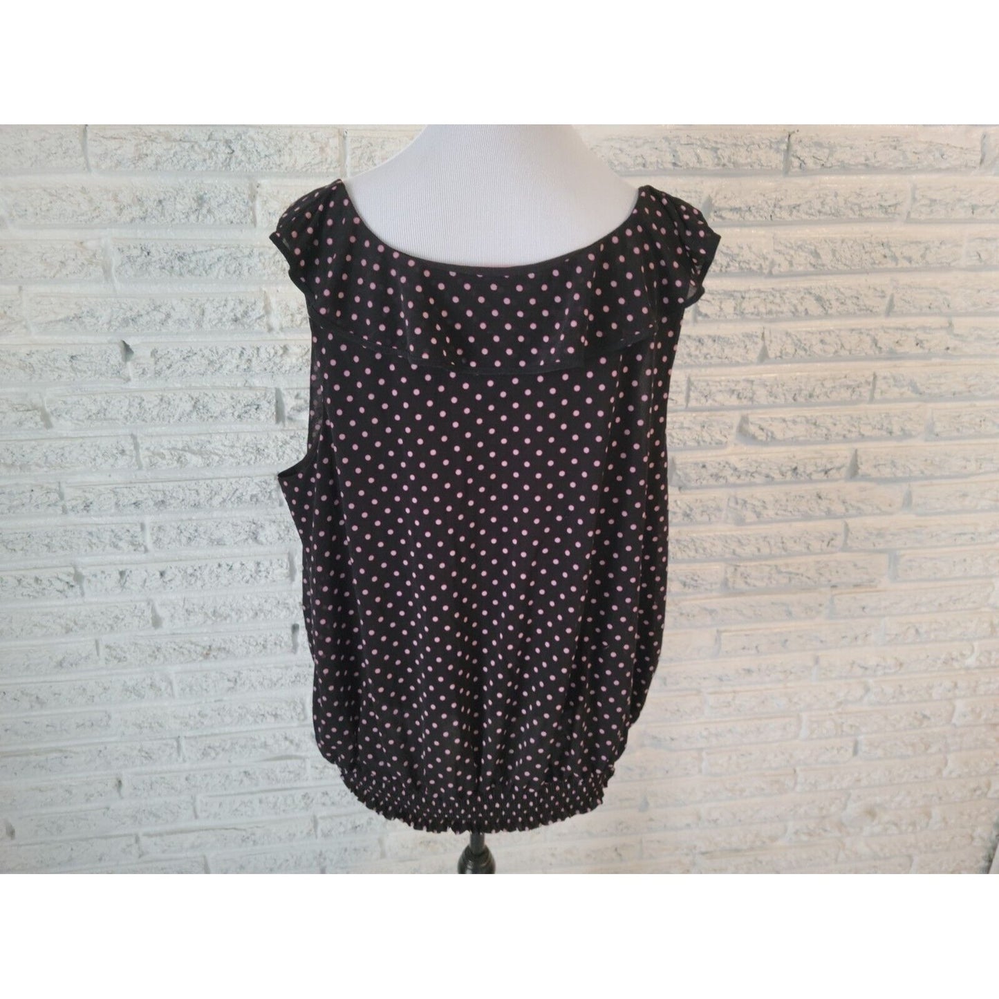 Elle Womens Top 2X Plus Sleeveless Peplum Black Polka Dot Sleeveless Ruffle Neck