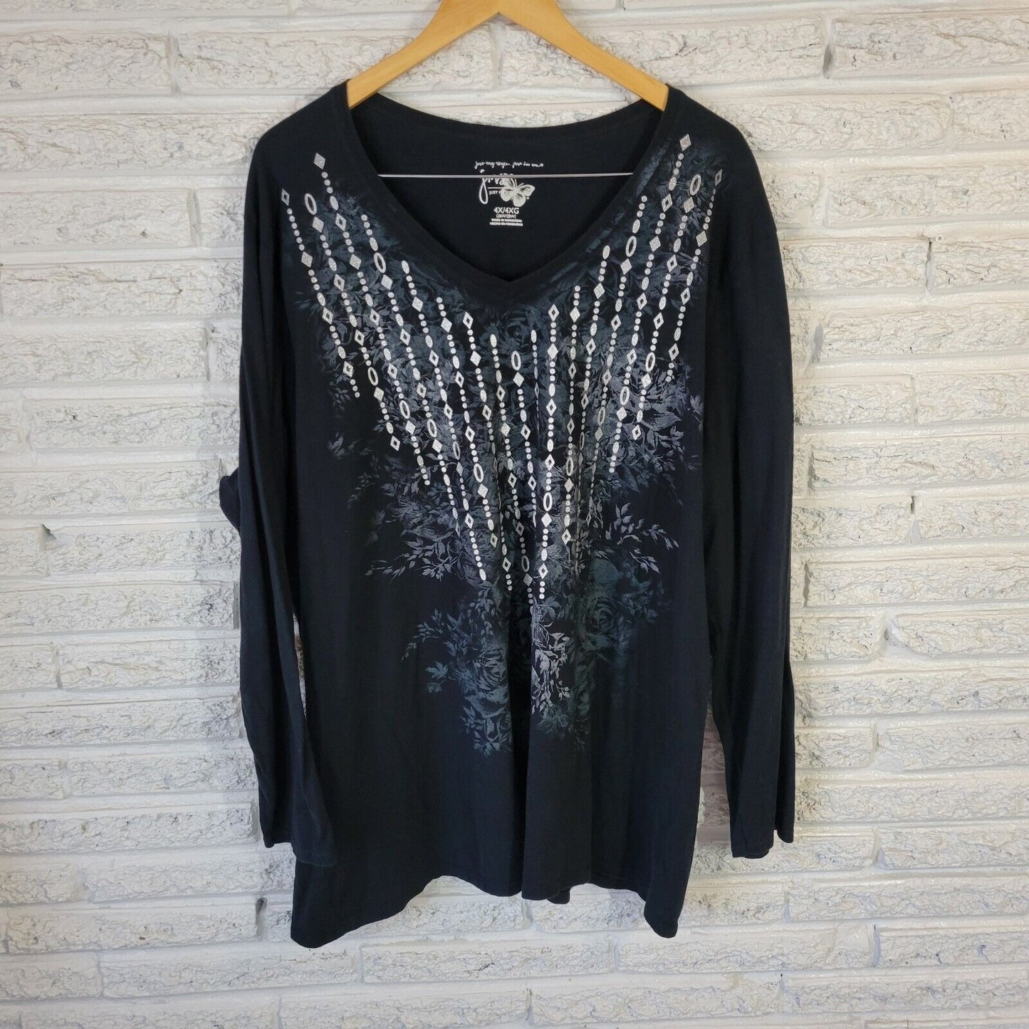 Just My Size Women Top 4X Plus Tee Long Sleeve Black Glitter Cotton Comfy Casual