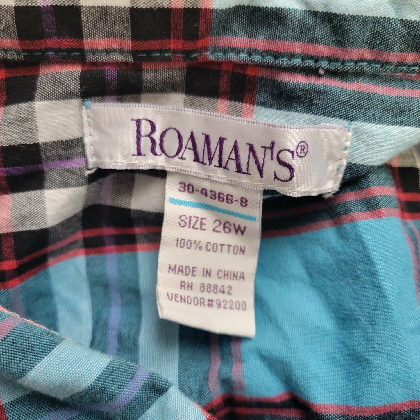 Roamans Women Shirt 26W Plus Button Up Long Sleeve Collared Blue Plaid Pockets
