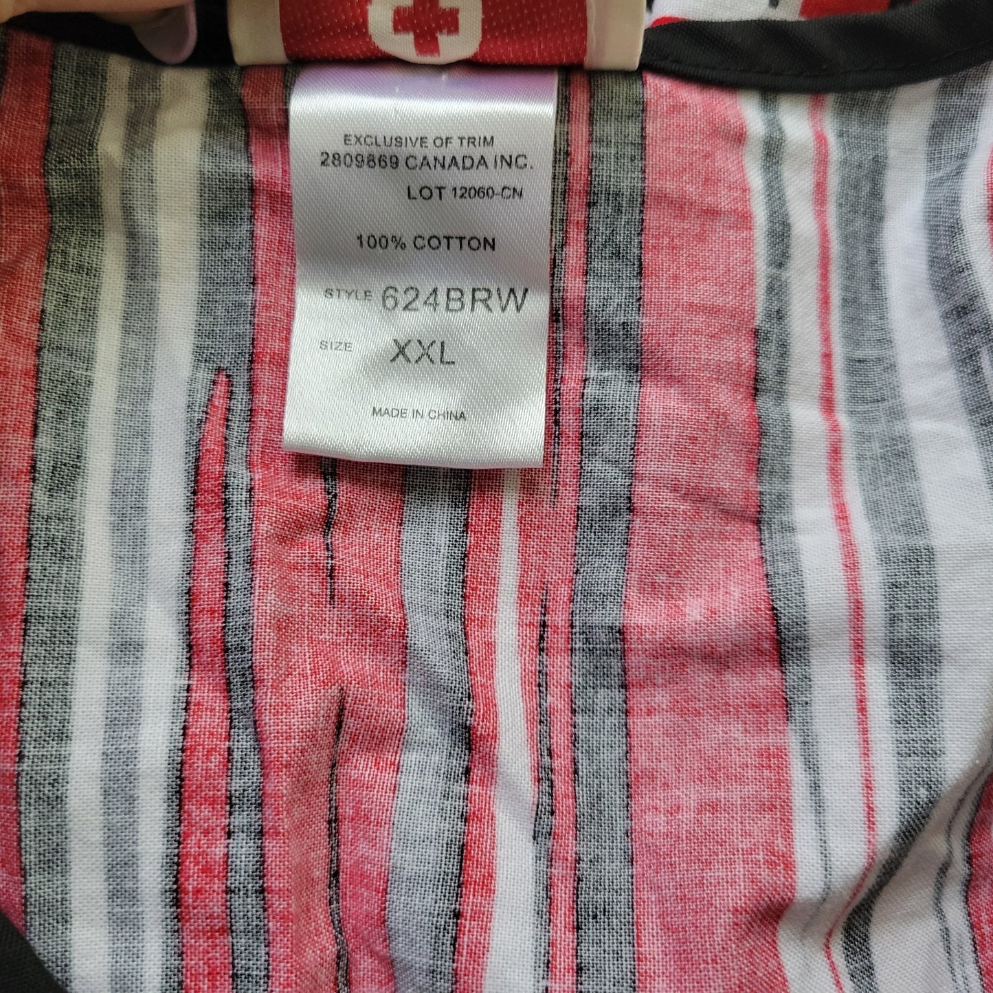 White Cross Unisex Scrub Top XXL Plus Black Red Stripes Cotton Pockets Medical