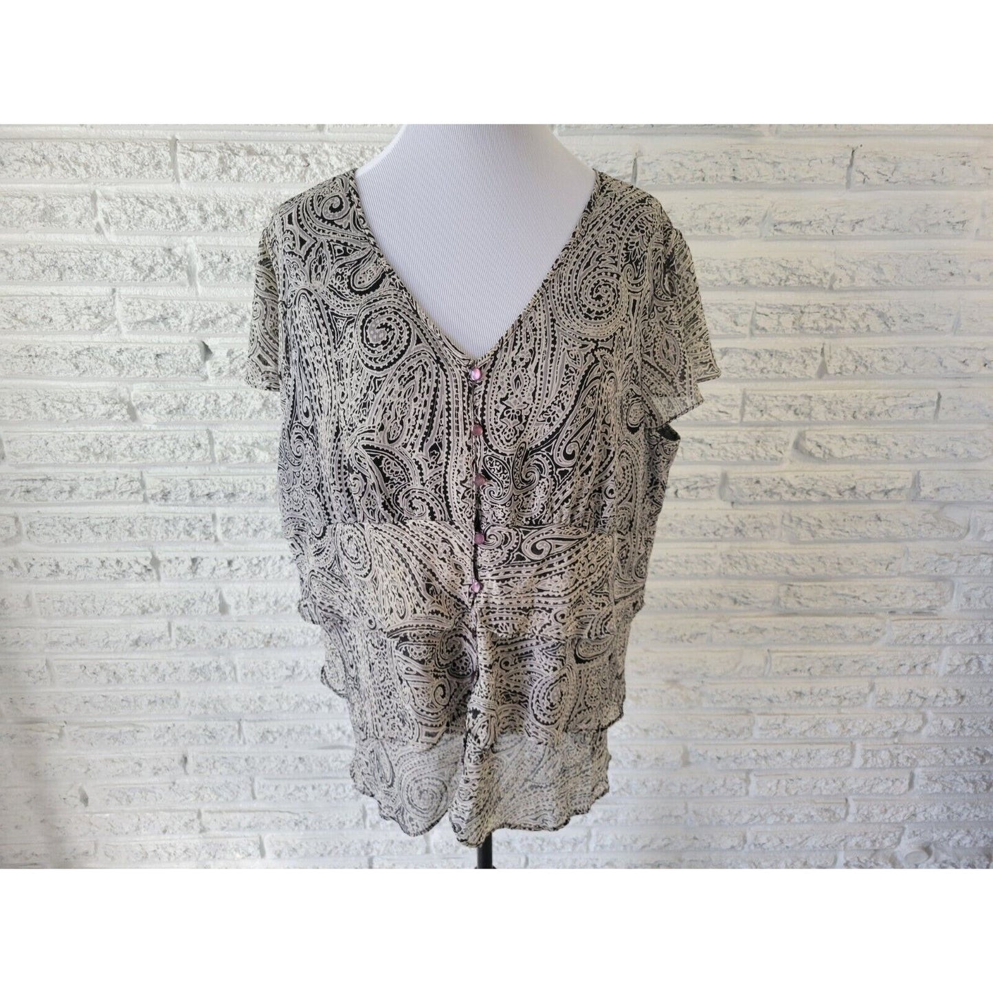 Apt 9 Womens Top 2X Flutter Sleeve Button Up Black Paisley Layered Sheer Lined