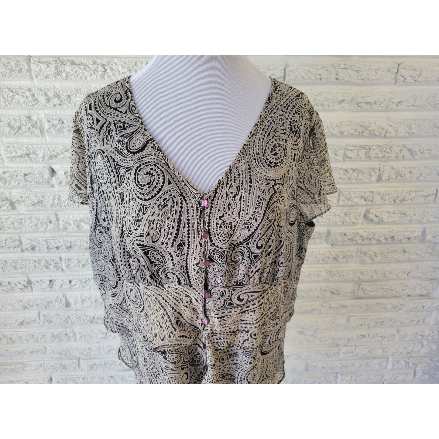 Apt 9 Womens Top 2X Flutter Sleeve Button Up Black Paisley Layered Sheer Lined