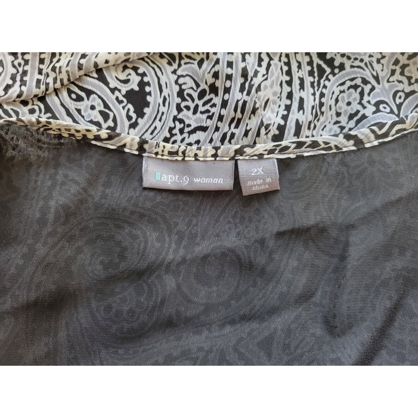 Apt 9 Womens Top 2X Flutter Sleeve Button Up Black Paisley Layered Sheer Lined