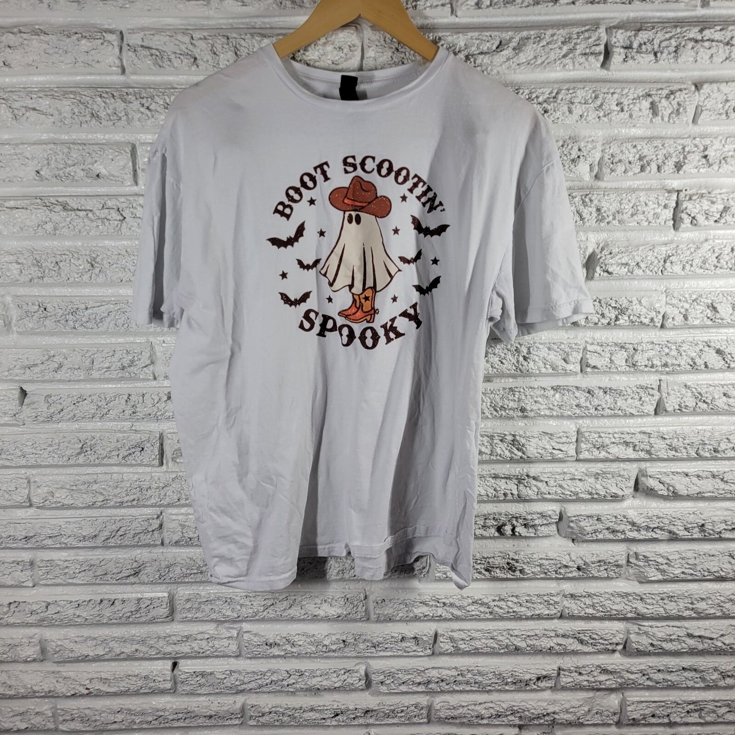 Halloween Womens Top Extra Large XL Short Sleeve Brown Cotton Spooky Boot Scoot