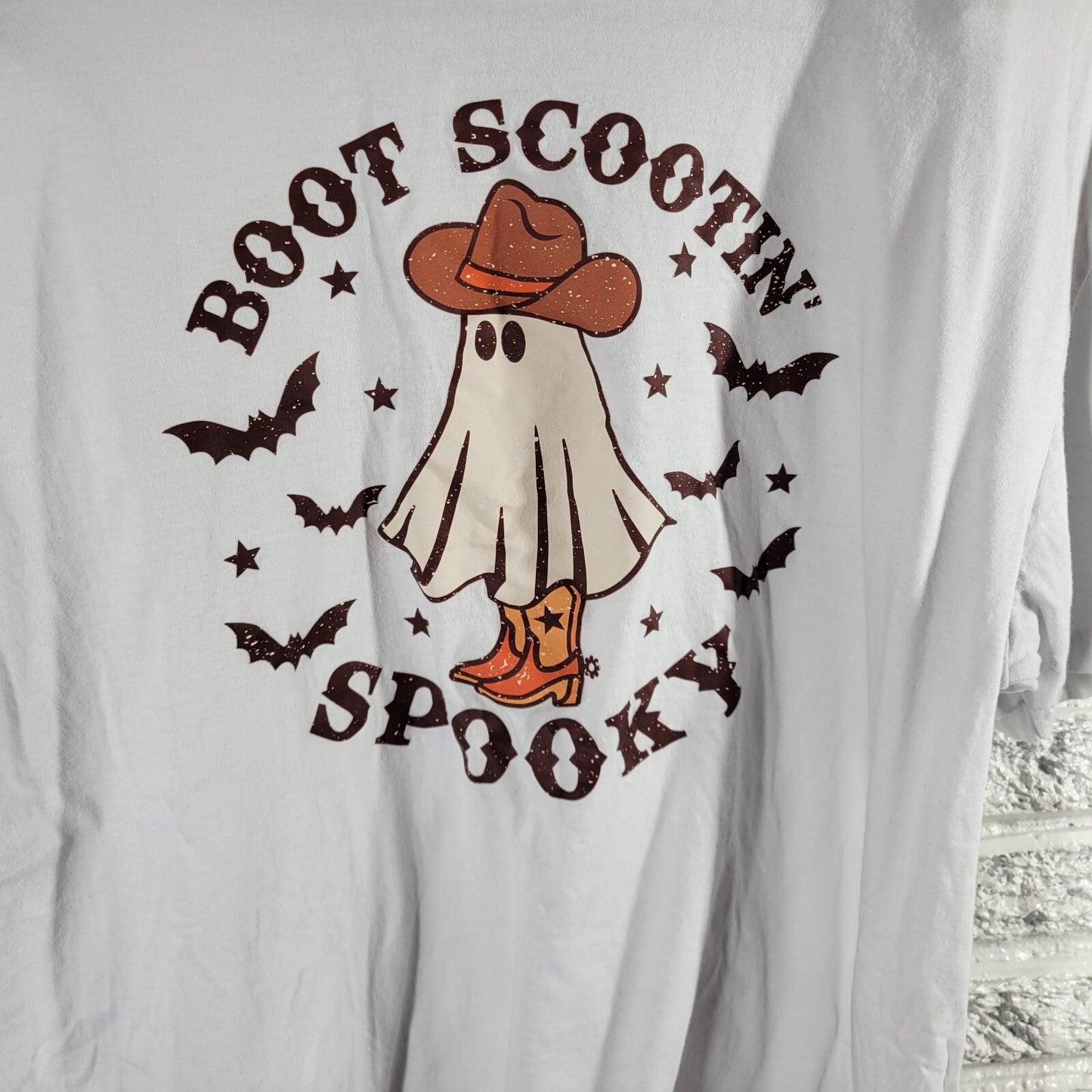Halloween Womens Top Extra Large XL Short Sleeve Brown Cotton Spooky Boot Scoot