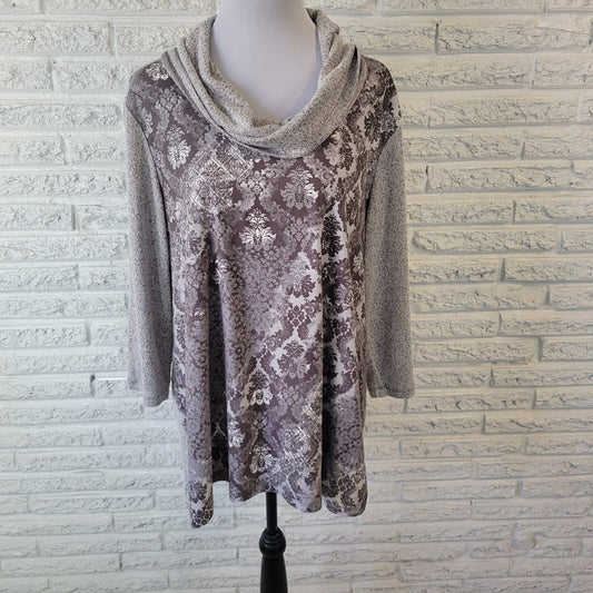 Ruby Rd Women Sweater 1X Plus 3/4 Sleeve Gray White Floral Cowl Soft Lightweight