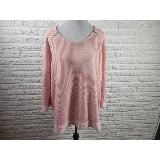CJ Banks Women Top 2X Plus Knit Double Zip Pink Stripe Cotton Blend Casual Comfy