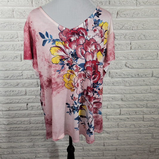 Terra Sky Womens Top 2X Plus Tee Flutter Sleeve Pink Floral Studded Lightweight