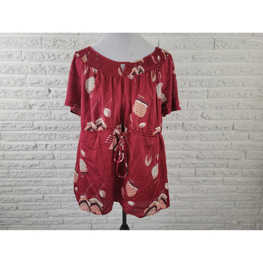 Worthington Womens Top 2X Plus Short Sleeve Sheer Keyhole Burgundy Tie Waist