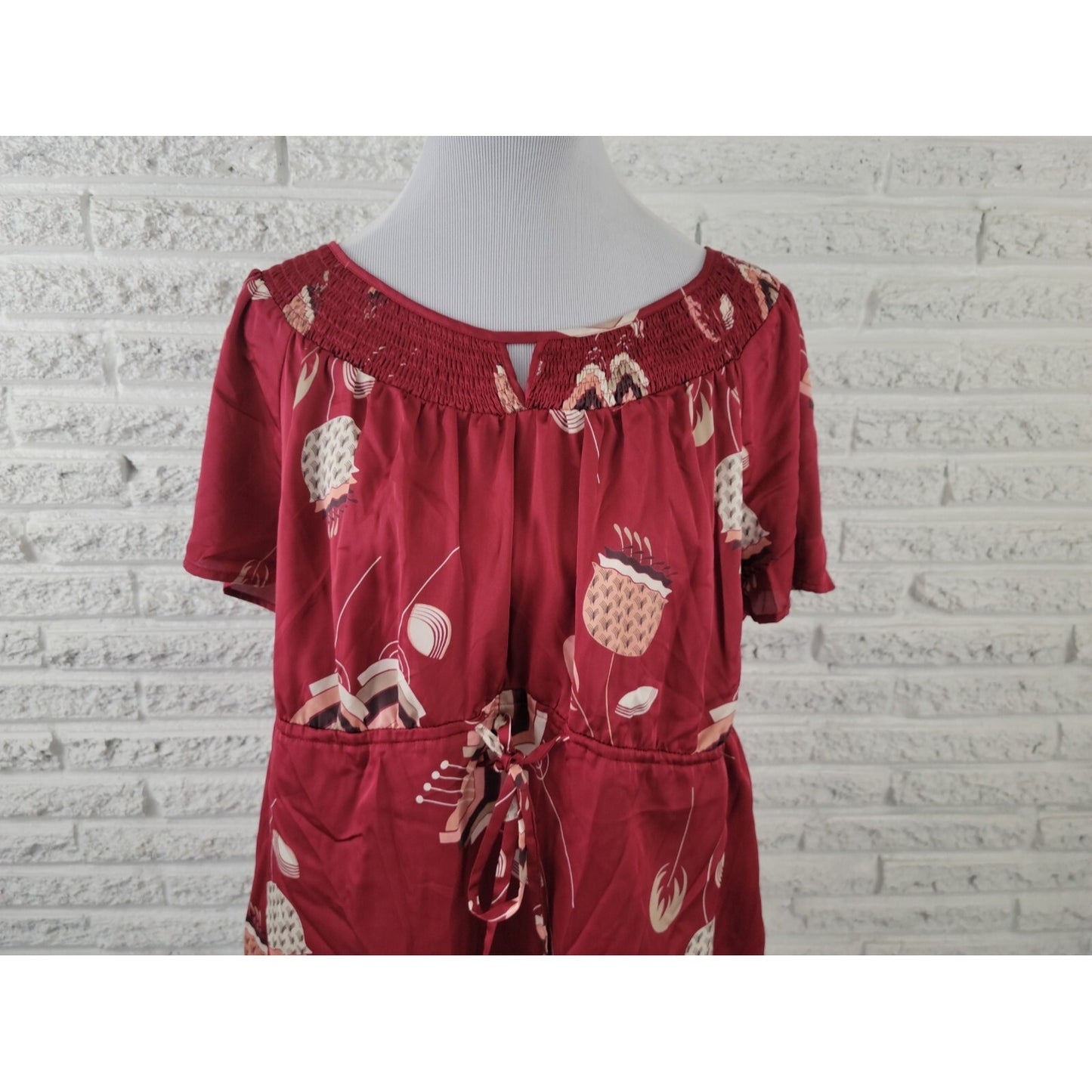 Worthington Womens Top 2X Plus Short Sleeve Sheer Keyhole Burgundy Tie Waist