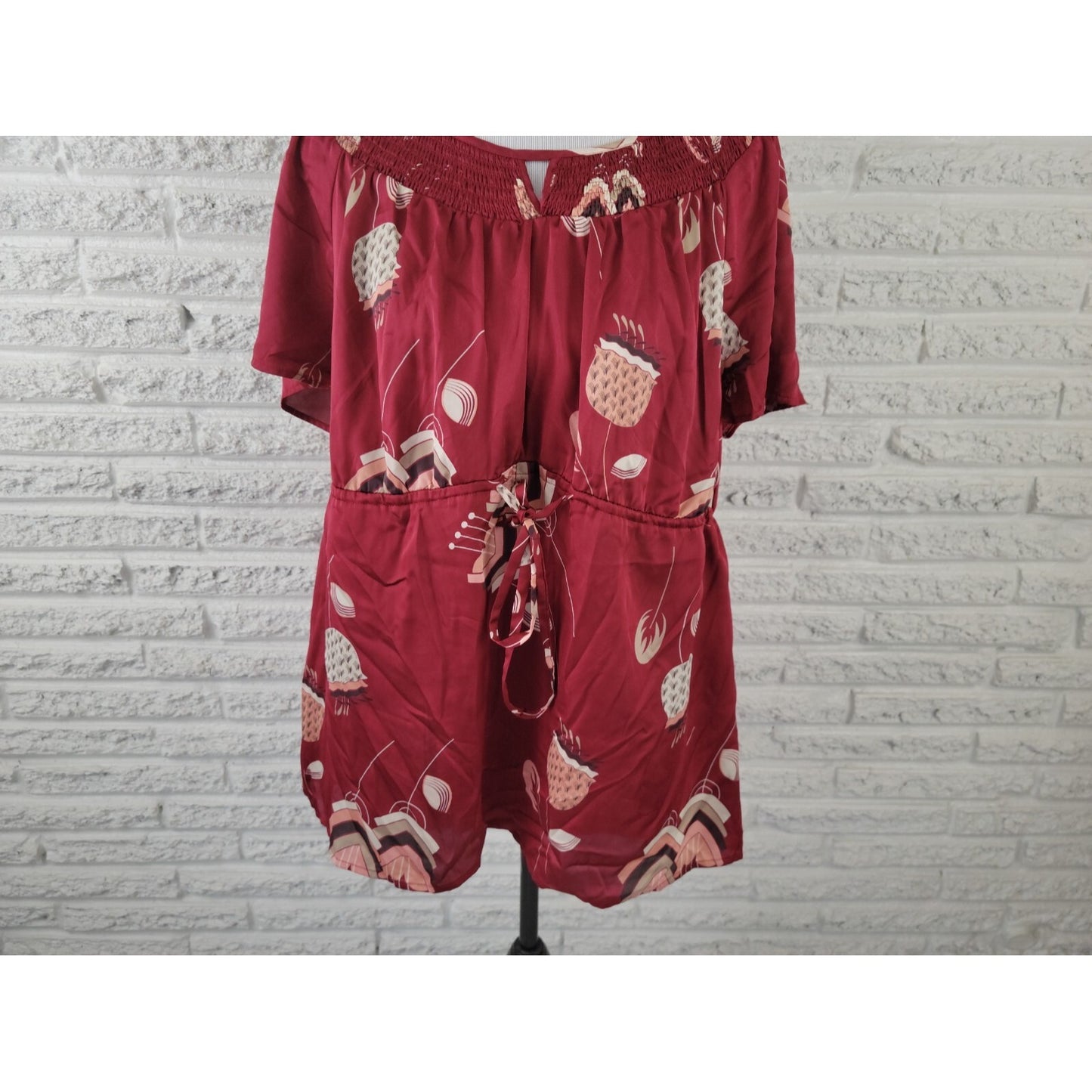 Worthington Womens Top 2X Plus Short Sleeve Sheer Keyhole Burgundy Tie Waist