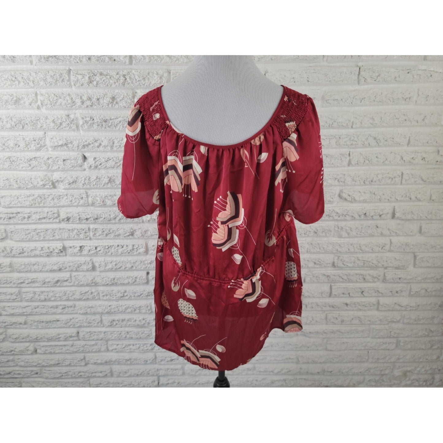 Worthington Womens Top 2X Plus Short Sleeve Sheer Keyhole Burgundy Tie Waist