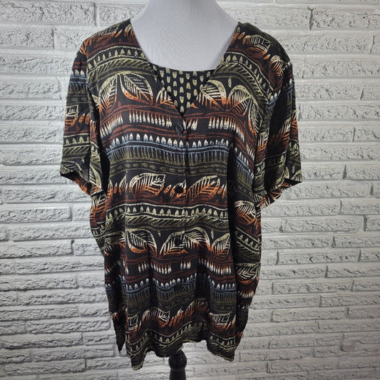 Sag Harbor Women Top 2X Plus Short Sleeve Black Geometric Button Up Office Rayon