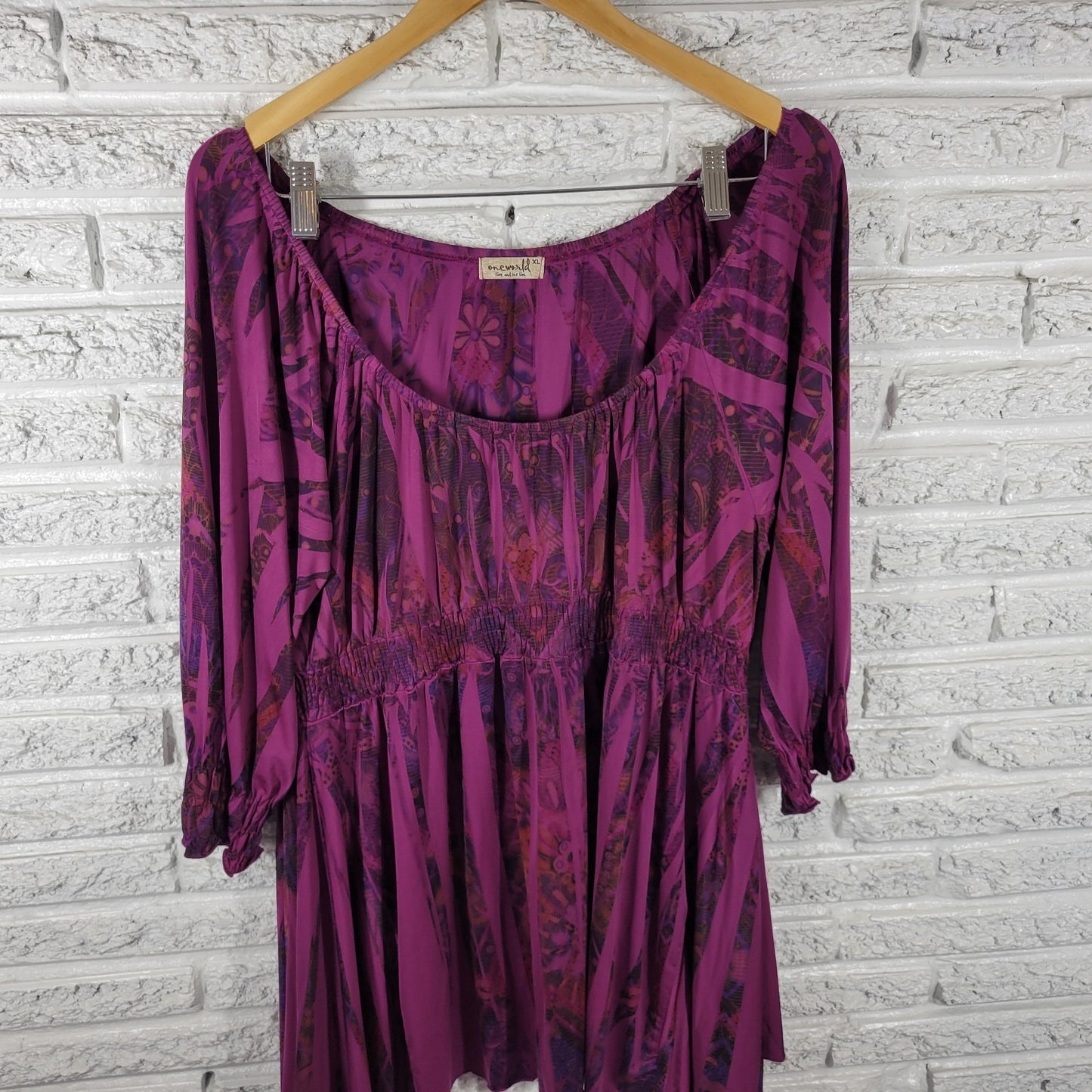 Live Let Live Womens Top XL Tunic Cinched 3/4 Sleeve Purple Laser Cut Shark Bite
