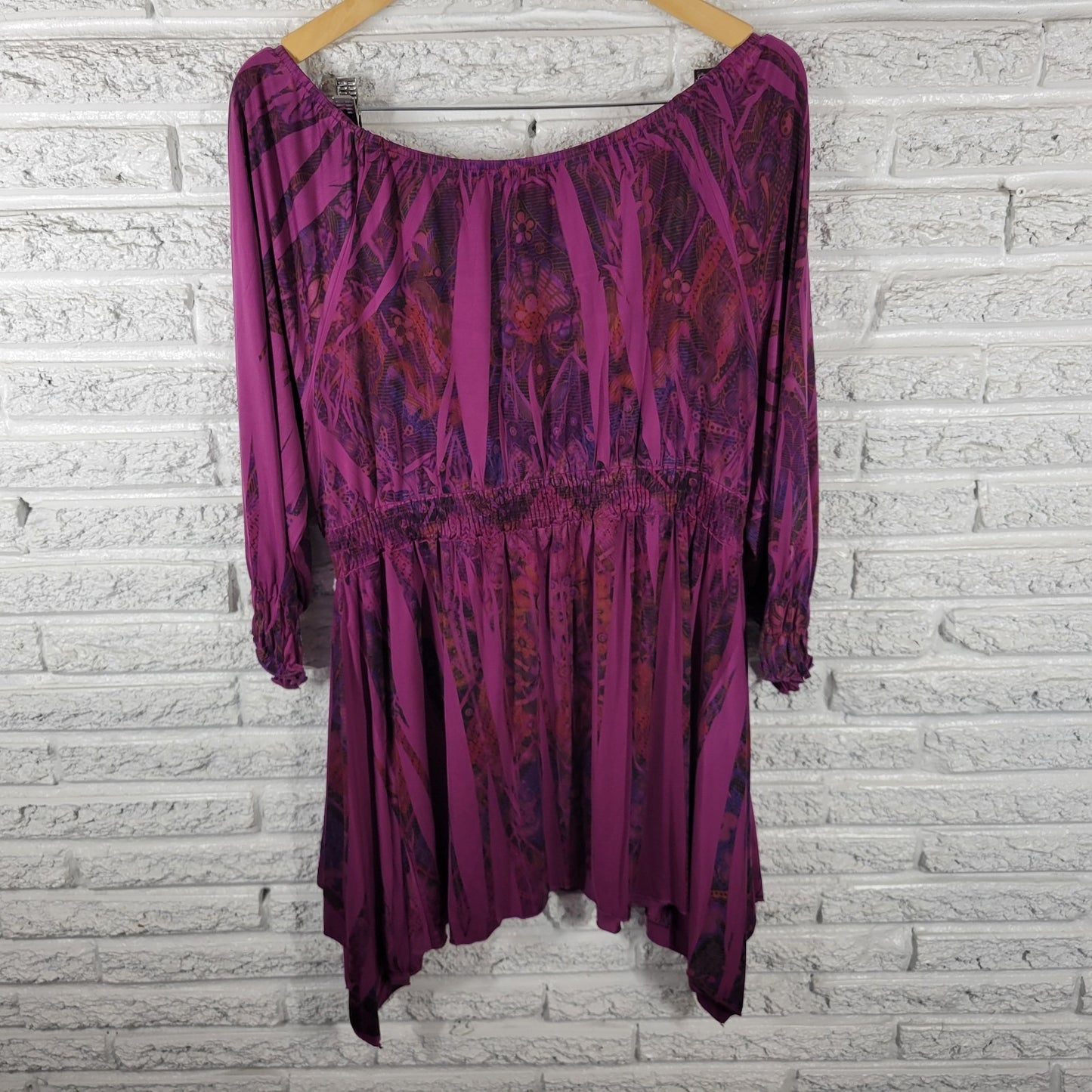 Live Let Live Womens Top XL Tunic Cinched 3/4 Sleeve Purple Laser Cut Shark Bite
