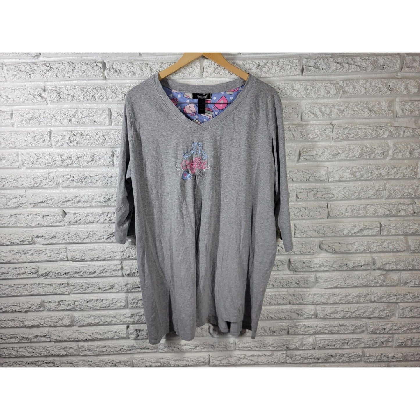 Rene Rofe Womens Top 2X Pajama Always Coffee Time Embroider Loungewear Gray