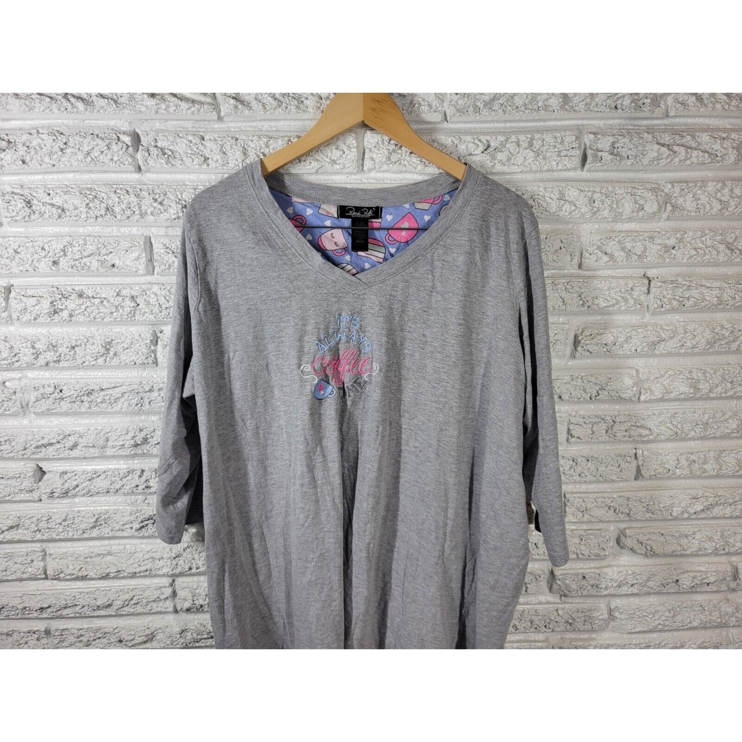 Rene Rofe Womens Top 2X Pajama Always Coffee Time Embroider Loungewear Gray