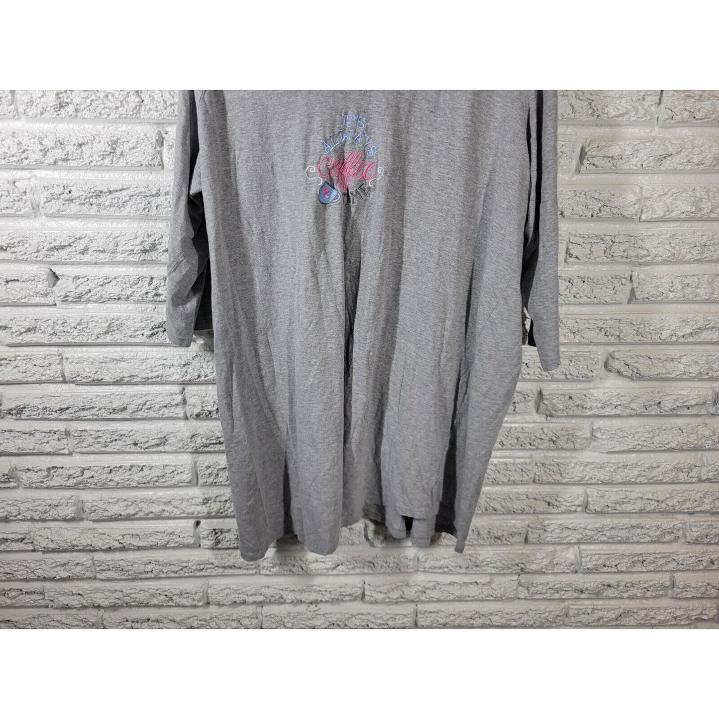 Rene Rofe Womens Top 2X Pajama Always Coffee Time Embroider Loungewear Gray