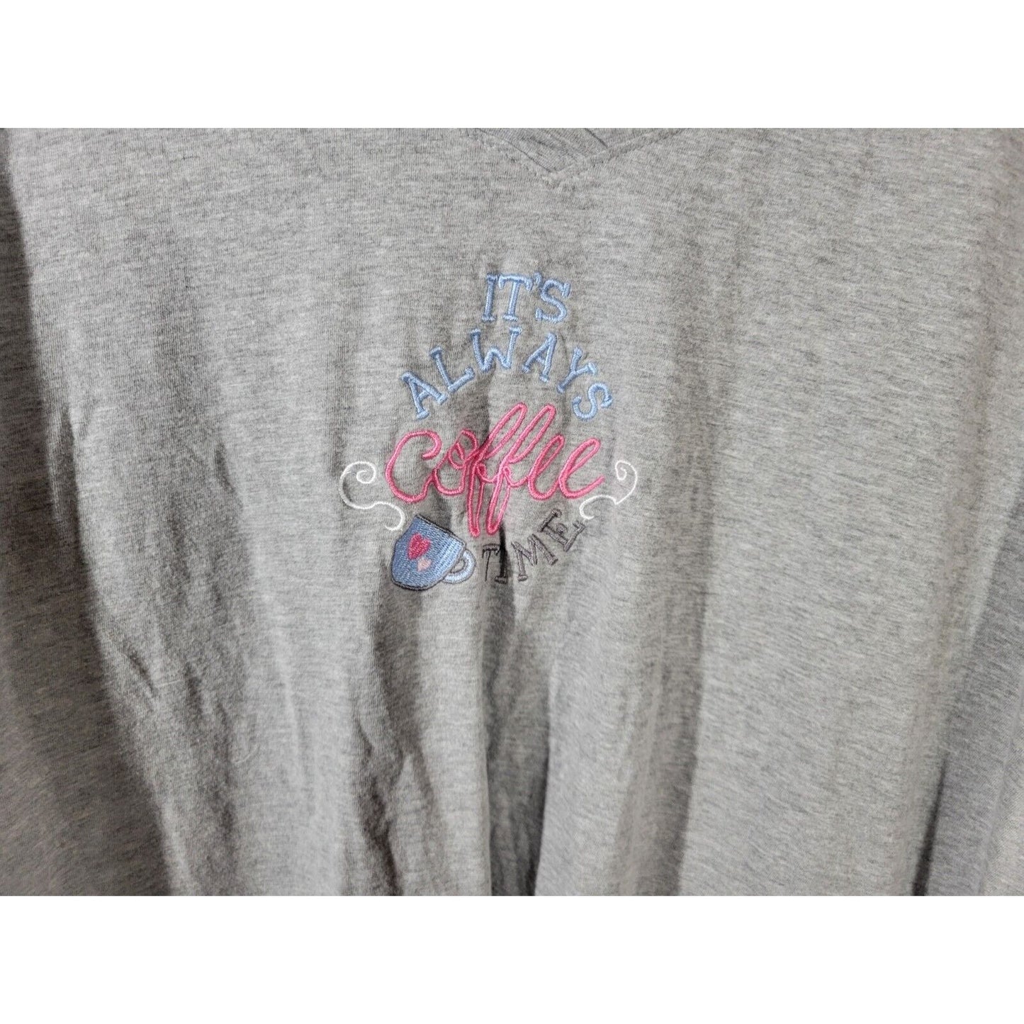 Rene Rofe Womens Top 2X Pajama Always Coffee Time Embroider Loungewear Gray
