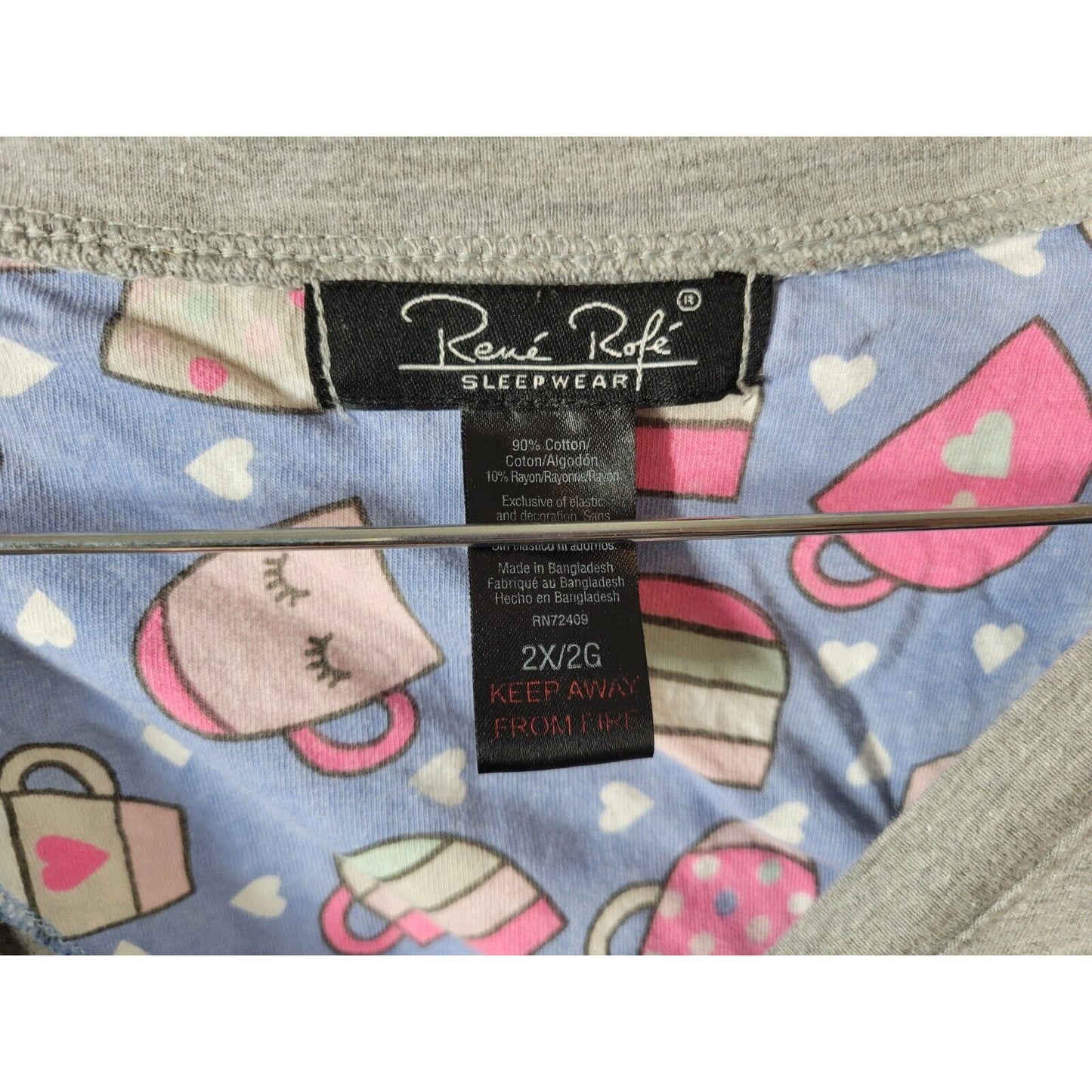 Rene Rofe Womens Top 2X Pajama Always Coffee Time Embroider Loungewear Gray