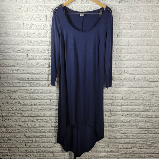 Ashley Stewart Women Dress 1X Plus Long Sleeve Blue High Low Deco Buttons Casual