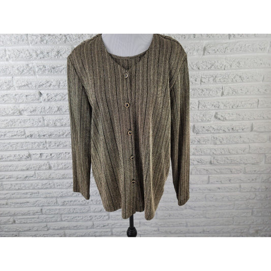 Alfred Dunner Womens Top 16 Button Up Black Gold Metallic Stripe Office Party