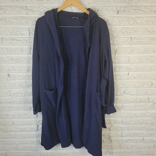 Lands End Women Robe 18 Plus Hoodie Cuff Sleeve Loungewear Blue Polyester Belted