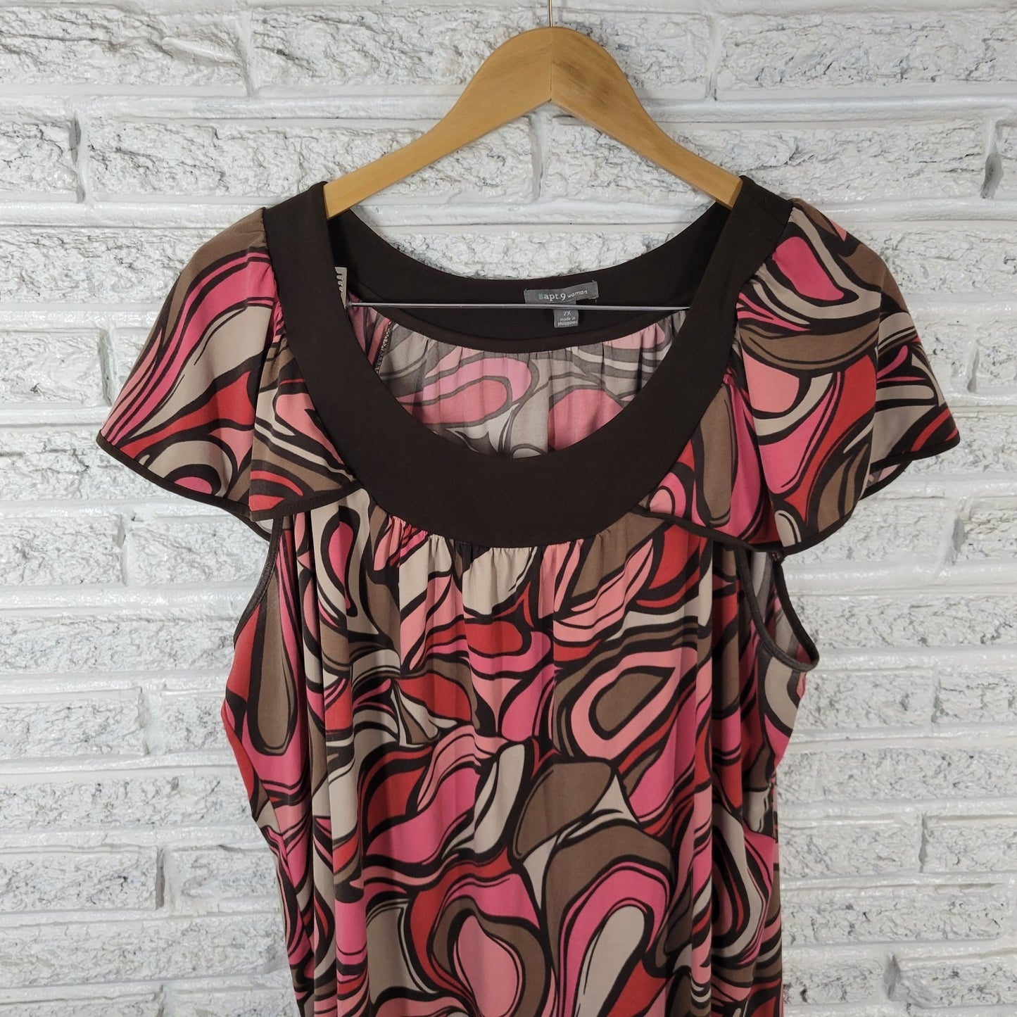 Apt 9 Womens Top 2X Plus Sleeveless Brown Pink Geometric Poly Blend Casual Comfy