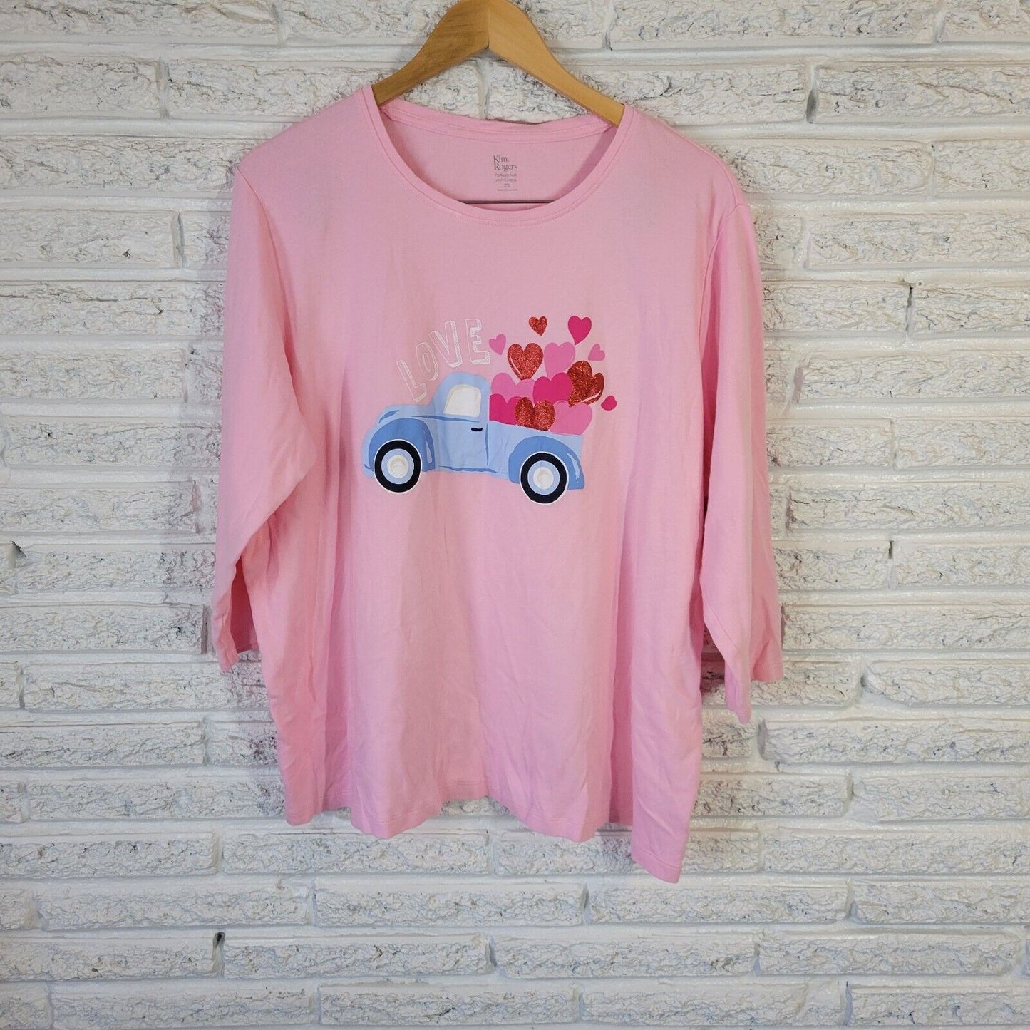 Valentines Day Kim Rogers Womens Top 2X Tee Soft Pink 3/4 Sleeve Love Glitter