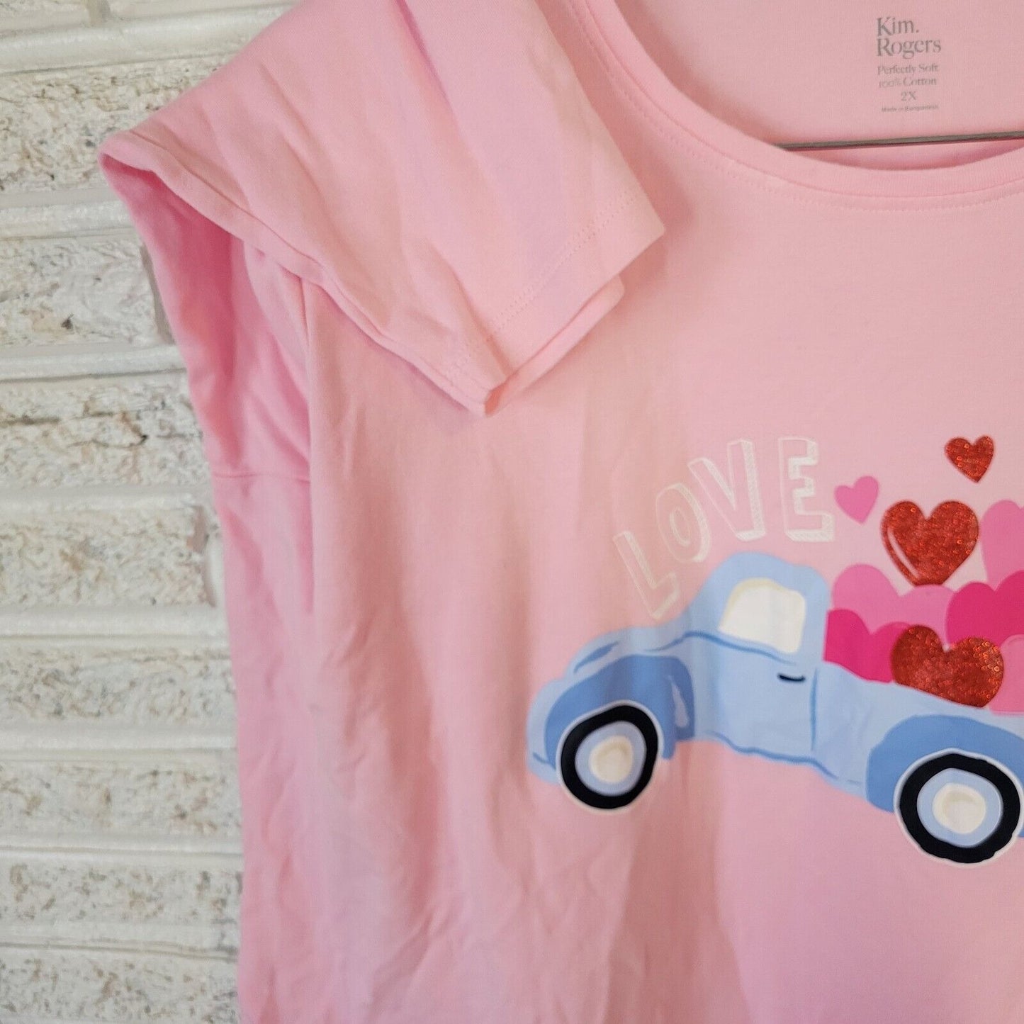 Valentines Day Kim Rogers Womens Top 2X Tee Soft Pink 3/4 Sleeve Love Glitter