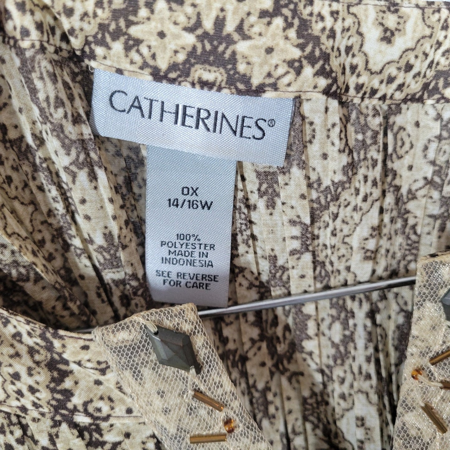 Catherines Womens Top 0X Plus Tunic Brown Geometric Crinkle Pintuck Sheer Beaded