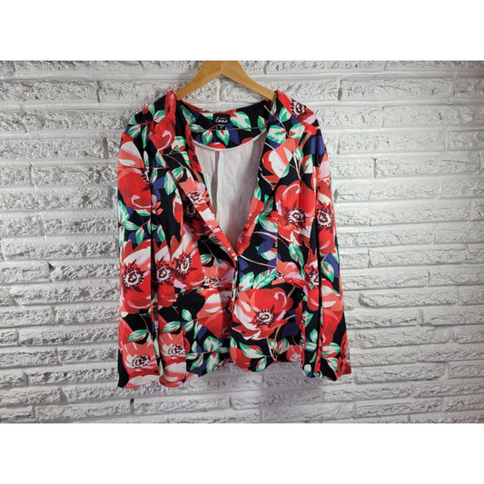 Simply Emma Womens Jacket 2X Plus Blazer Red Floral One Button Pockets Office