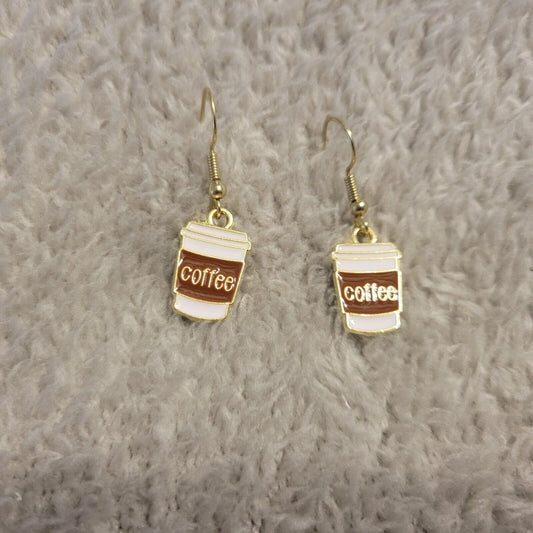 Coffee Cup Earrings One Pair Gold Tone Fish Hook Dangle Caffeine Morning Joe