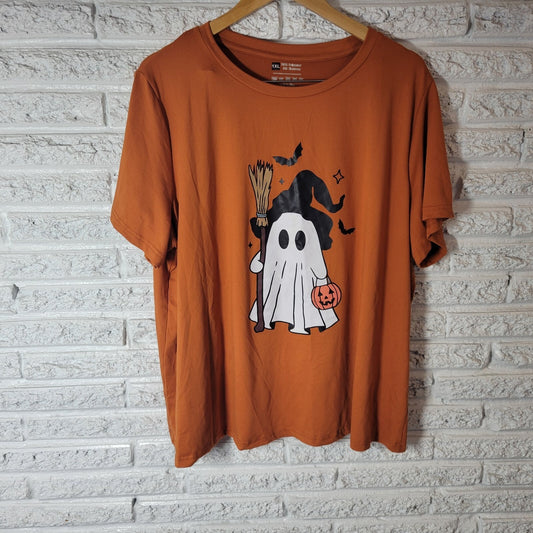 Halloween Womens Top 1XL Tee Short Sleeve Orange Trick Treat Ghost Poly Blend